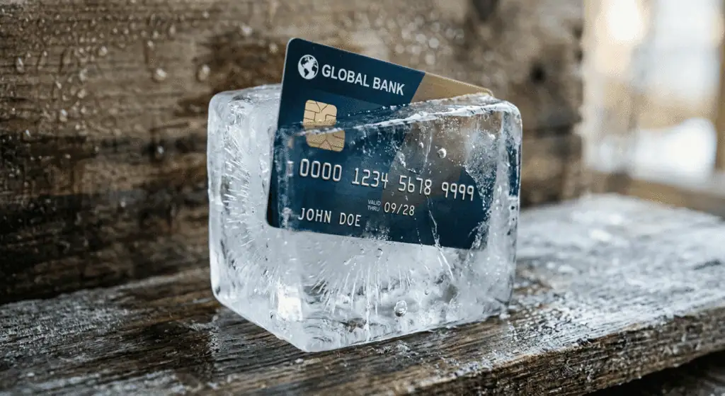 A credit card in an ice cube.